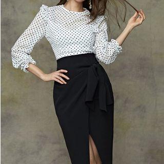 Set: Long-sleeve Dotted Blouse + Sheath Skirt