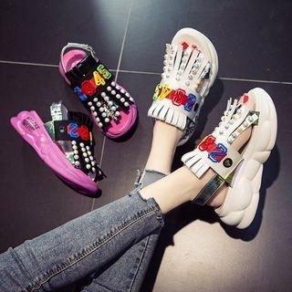 Embellished Lettering Platform Sandals