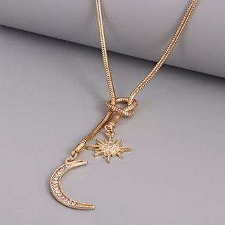 Moon & Star Rhinestone Pendant Alloy Necklace Gold - One Size