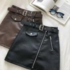 Plain Zip High-waist Faux Leather A-line Skirt With Belt