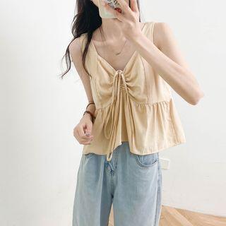 V-neck Plain Drawstring Oversize Tank Top Almond - One Size