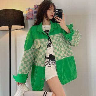 Long-sleeve Checkerboard Panel Denim Oversized Jacket