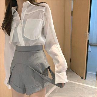 See-through Long-sleeve Shirt / Plain Jumper Shorts
