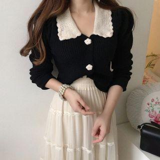 Collared Cardigan / Mesh Midi A-line Skirt