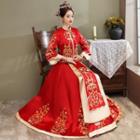 Set: Flower Embroidered Chinese Wedding Cheongsam + Maxi A-line Skirt