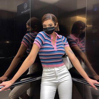 Collared Stripe Ribbed Knit Crop Top