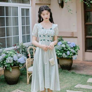 Shirred Bow Midi A-line Dress