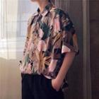 Elbow-sleeve Oversize Tropical Print Shirt