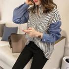 Contrast-sleeve Striped Shirt Blue - One Size