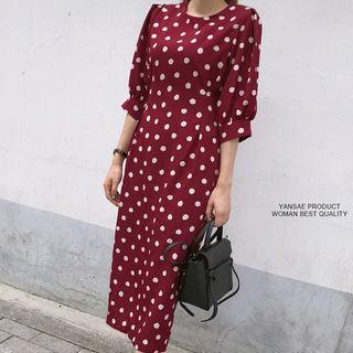 Puff-sleeve Dotted Midi Dress