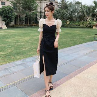 Puff-sleeve V-neck A-line Dress (various Designs)