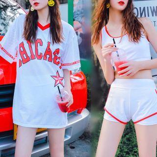 Set: Contrast Trim Bikini Top + Swim Shorts + Cover-up