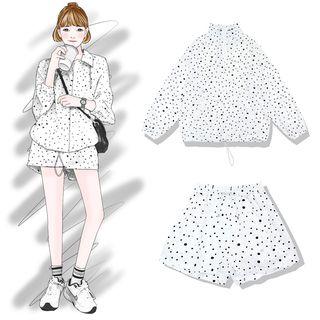 Set: Dotted Long-sleeve Top + Drawstring Shorts As Shown In Figure - One Size