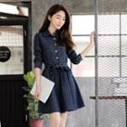 Metallic Button Pin-striped Denim Dress