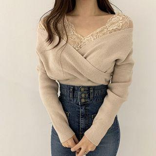 Mock-two Piece V-neck Lace Panel Loose-fit Long-sleeve Knit Top
