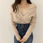 Mock-two Piece V-neck Lace Panel Loose-fit Long-sleeve Knit Top