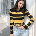 Long-sleeve Striped Lettering Cropped Knit Top