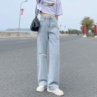 Mid Waist Distressed Wide Leg Jeans