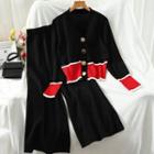 Set: Two-tone V-neck Knit Top + Wide-leg Pants Black - One Size