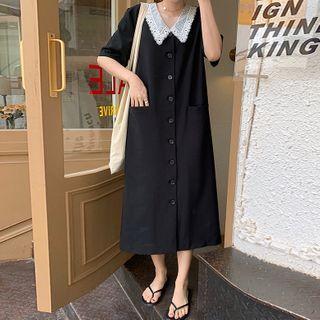 Short-sleeve Collared Midi Shirtdress Black - One Size