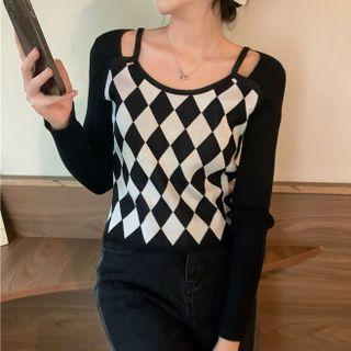 Mock Two-piece Off-shoulder Argyle Long-sleeve Top
