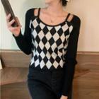 Mock Two-piece Off-shoulder Argyle Long-sleeve Top
