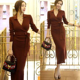 V-neck Gather-waist Knit Midi Dress