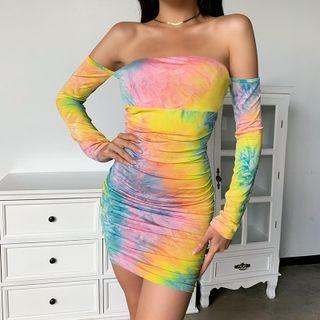 Off Shoulder Long Sleeve Tie-dyed Mini Dress