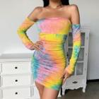 Off Shoulder Long Sleeve Tie-dyed Mini Dress