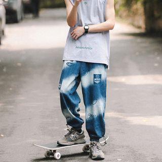 Tie-dyed Drawstring-cuff Wide-leg Jeans