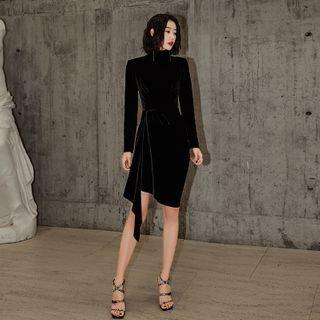 Long-sleeve Ruffled Velvet Mini Sheath Dress