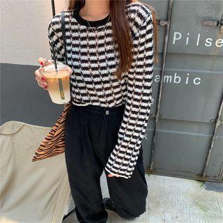 Striped Long-sleeve Crop Knit Top Stripes - Black & White - One Size