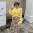 Rib Knit Sweater / Leopard Print Midi A-line Skirt