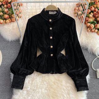 Bell Sleeve Lace Trim Velvet Blouse Black - M
