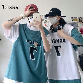 Couple Matching Mock Two Piece Lettering Print T-shirt
