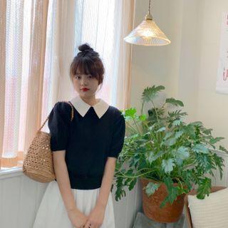 Puff-sleeve Contrast Collar Knit Top Black - One Size