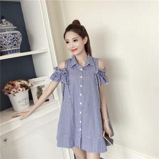 Cutout-shoulder Gingham Shirtdress