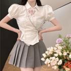 Puff-sleeve Cutout Crop Shirt / Pleated Mini Skirt / Skort