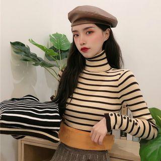 Striped Turtle-neck Fleece-lined Long-sleeve Top