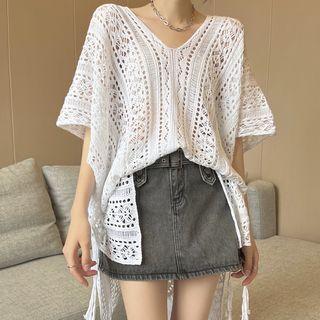 Elbow-sleeve V-neck Pointelle Knit Top