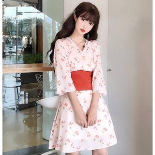 Floral Tie-waist 3/4-sleeve A-line Dress Pink - One Size