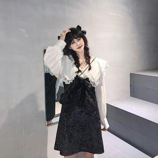 Lace-trim Collared Blouse / Mini Sheath Overall Dress