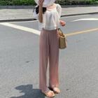 Puff-sleeve Blouse / Ribbed Wide Leg Pants