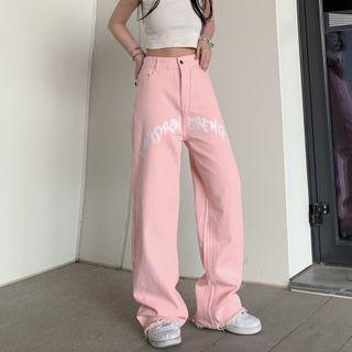High Waist Lettering Baggy Jeans