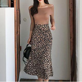Set: Cold Shoulder Knit Top + Floral Midi Skirt
