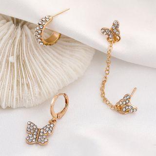 Rhinestone Stud Earring 01 - 3 Pcs - Gold - One Size