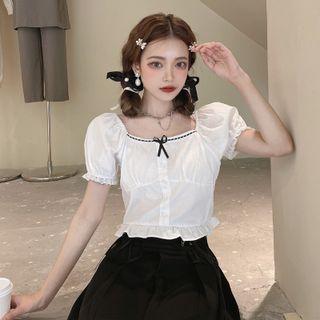 Puff-sleeve Frill Trim Bow-accent Crop Top
