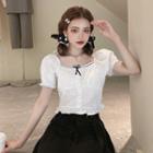 Puff-sleeve Frill Trim Bow-accent Crop Top