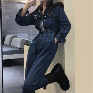 Long-sleeve Denim Jumpsuit Dark Blue - One Size