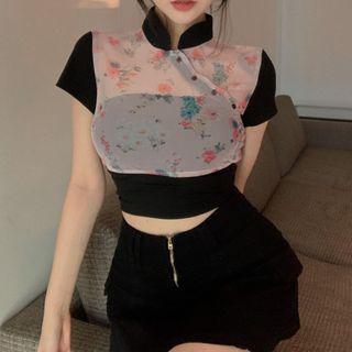 Short-sleeve Floral Polo Shirt Black - One Size